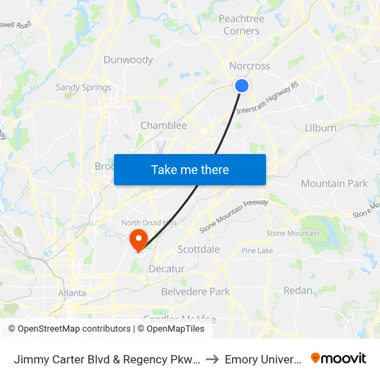 Jimmy Carter Blvd & Regency Pkwy Ob to Emory University map