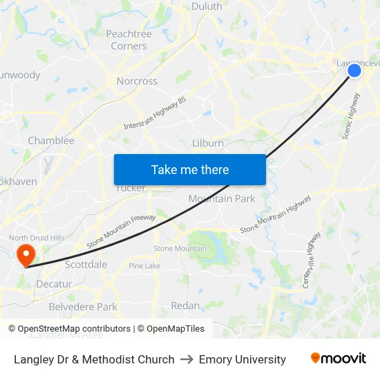 Langley Dr & Methodist Church to Emory University map