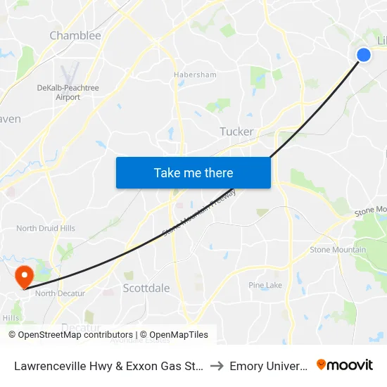 Lawrenceville Hwy & Exxon Gas Station to Emory University map