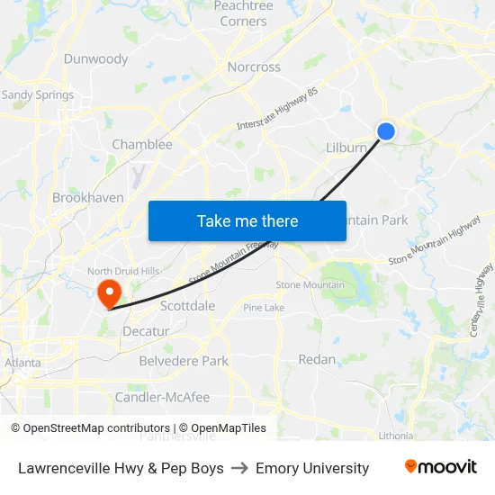 Lawrenceville Hwy & Pep Boys to Emory University map