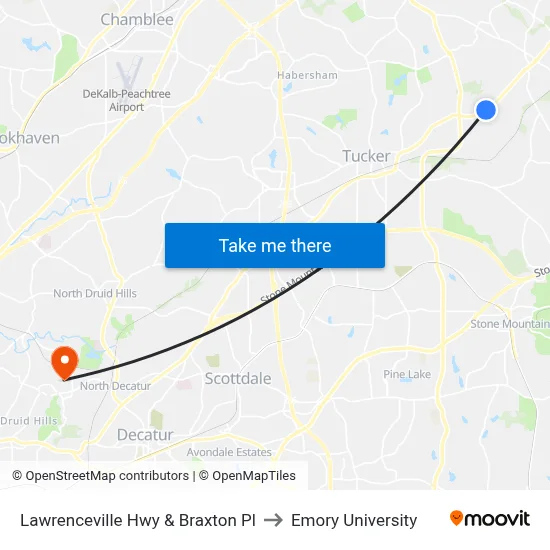 Lawrenceville Hwy & Braxton Pl to Emory University map