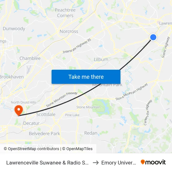 Lawrenceville Suwanee & Radio Shack to Emory University map