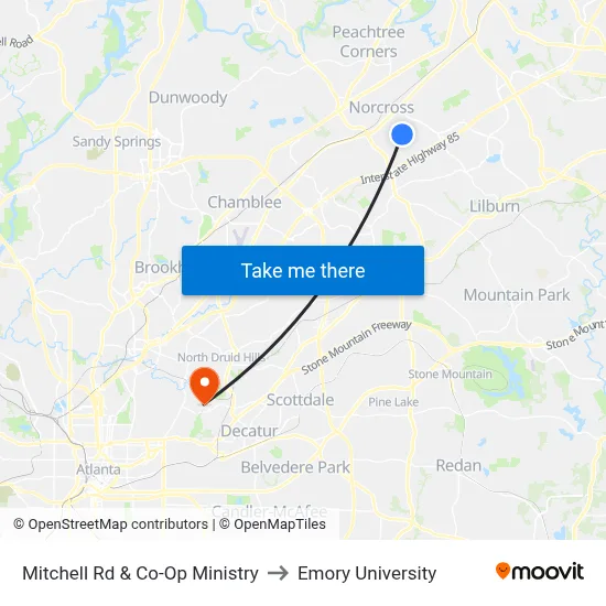 Mitchell Rd & Co-Op Ministry to Emory University map