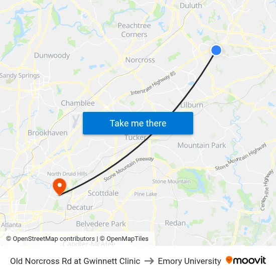 Old Norcross Rd at Gwinnett Clinic to Emory University map