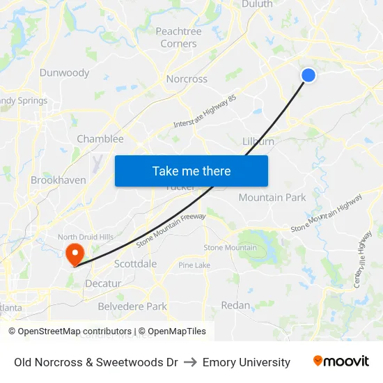 Old Norcross & Sweetwoods Dr to Emory University map