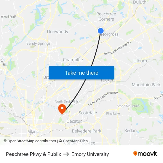 Peachtree Pkwy & Publix to Emory University map