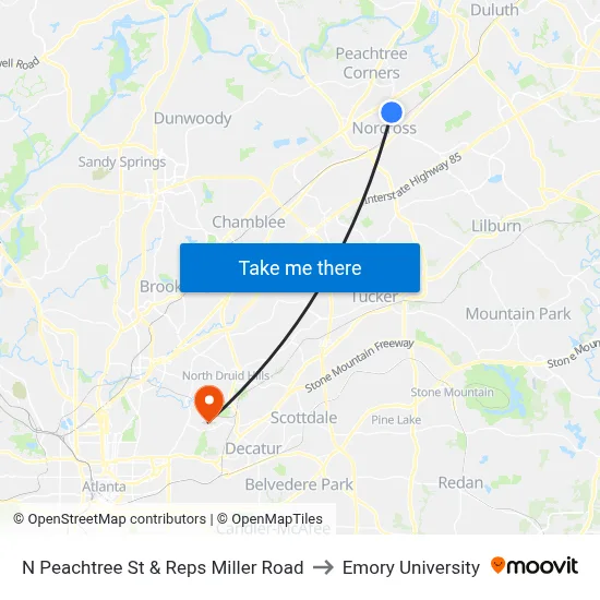 N Peachtree St & Reps Miller Road to Emory University map