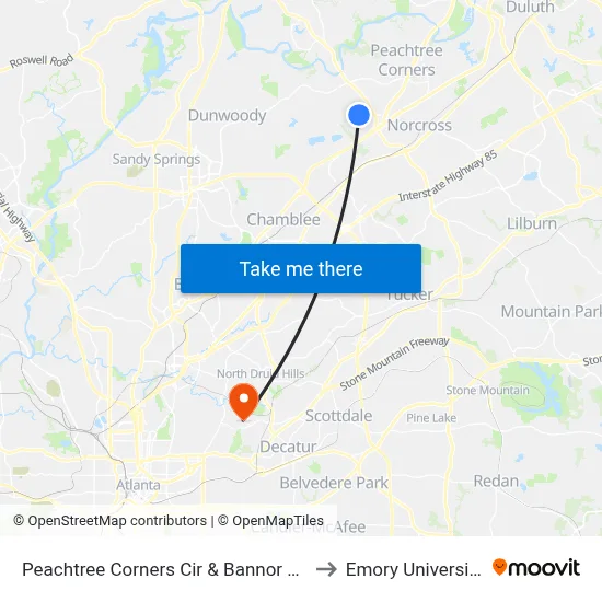 Peachtree Corners Cir & Bannor Ln to Emory University map