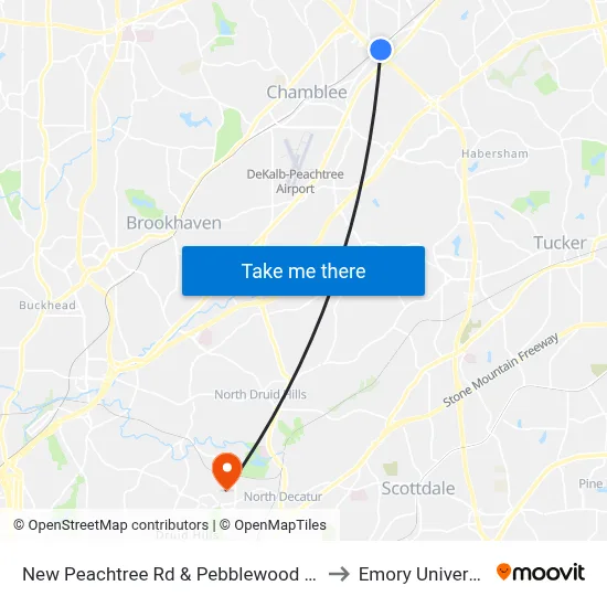 New Peachtree Rd & Pebblewood Apts to Emory University map