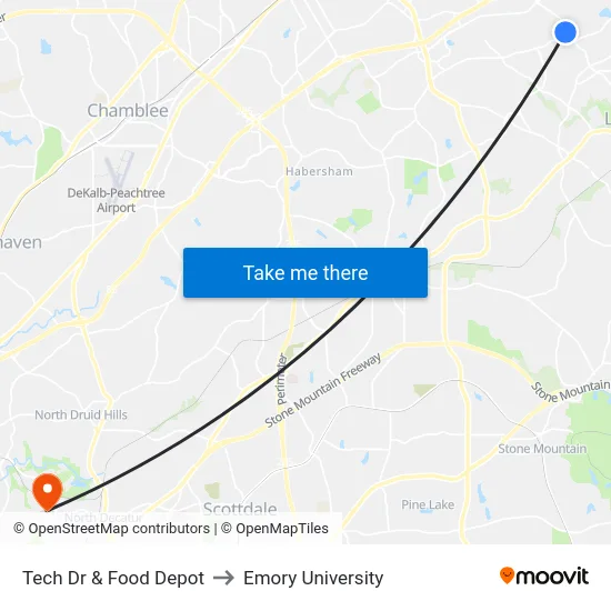 Tech Dr & Food Depot to Emory University map