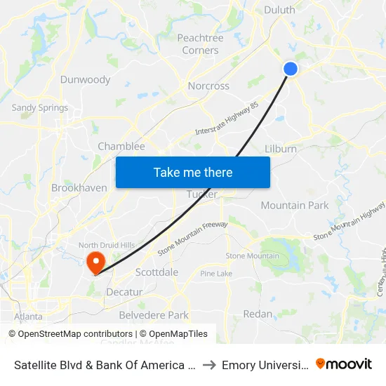 Satellite Blvd & Bank Of America Ib to Emory University map