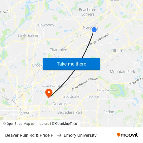 Beaver Ruin Rd & Price Pl to Emory University map