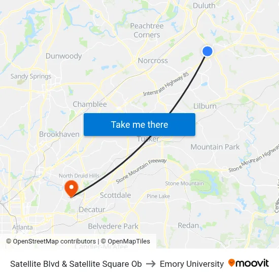 Satellite Blvd & Satellite Square Ob to Emory University map
