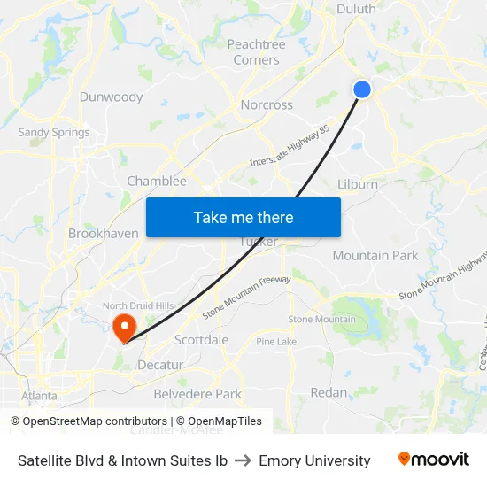 Satellite Blvd & Intown Suites Ib to Emory University map