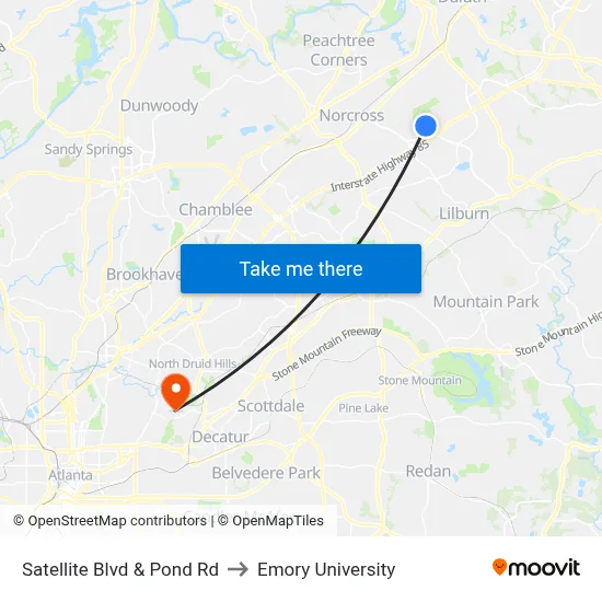 Satellite Blvd & Pond Rd to Emory University map