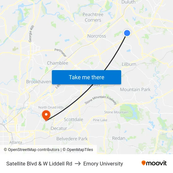 Satellite Blvd & W Liddell Rd to Emory University map