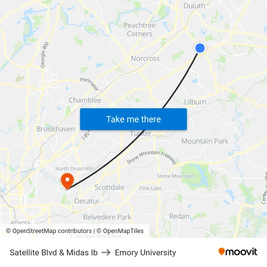 Satellite Blvd & Midas Ib to Emory University map