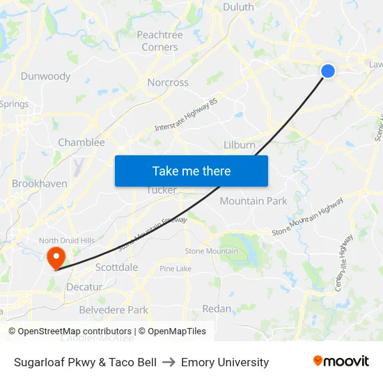 Sugarloaf Pkwy & Taco Bell to Emory University map