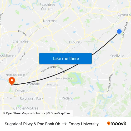 Sugarloaf Pkwy & Pnc Bank Ob to Emory University map