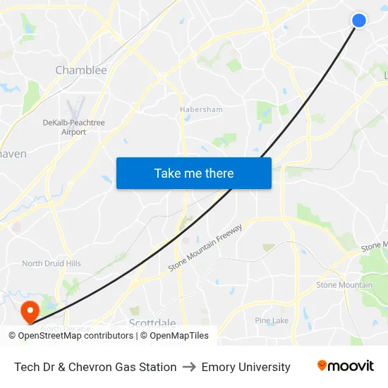 Tech Dr & Chevron Gas Station to Emory University map