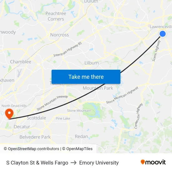 S Clayton St & Wells Fargo to Emory University map