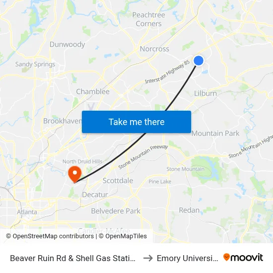 Beaver Ruin Rd & Shell Gas Station to Emory University map