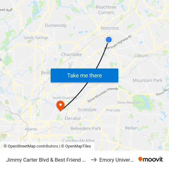 Jimmy Carter Blvd & Best Friend Rd Ib to Emory University map
