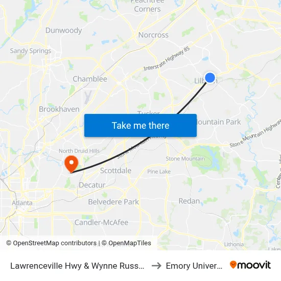 Lawrenceville Hwy & Wynne Russell Dr to Emory University map