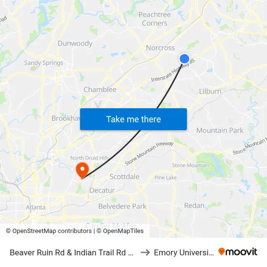 Beaver Ruin Rd & Indian Trail Rd Ob to Emory University map