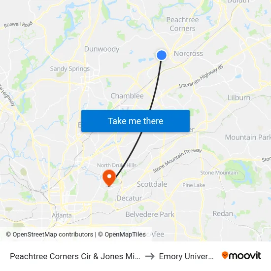 Peachtree Corners Cir & Jones Mill Ct to Emory University map