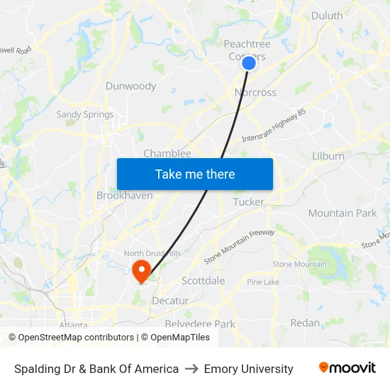 Spalding Dr & Bank Of America to Emory University map