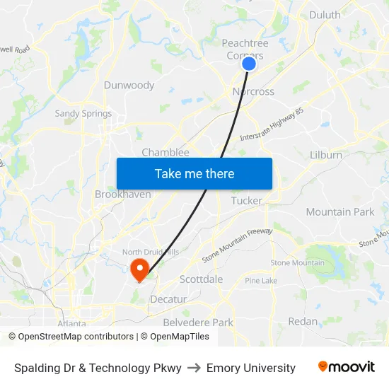 Spalding Dr & Technology Pkwy to Emory University map