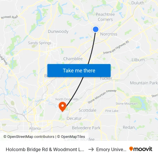 Holcomb Bridge Rd & Woodmont Land Apts to Emory University map