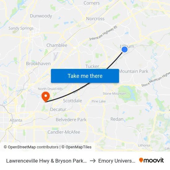 Lawrenceville Hwy & Bryson Park Ib to Emory University map