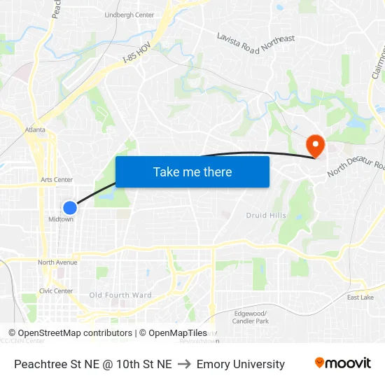 Peachtree St NE @ 10th St NE to Emory University map