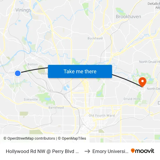 Hollywood Rd NW @ Perry Blvd NW to Emory University map