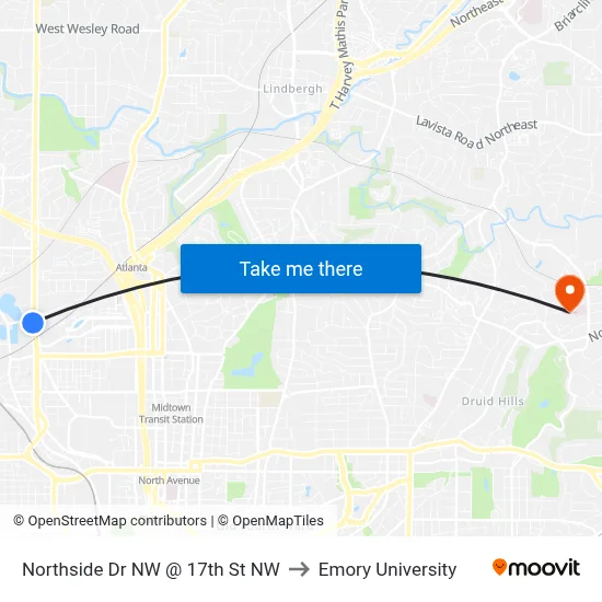 Northside Dr NW @ 17th St NW to Emory University map