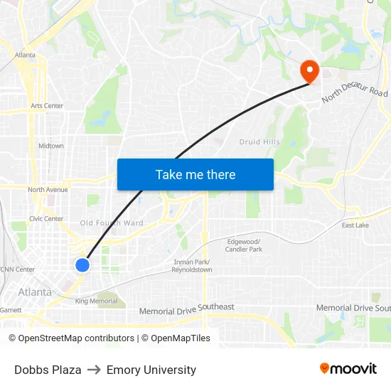 Dobbs Plaza to Emory University map