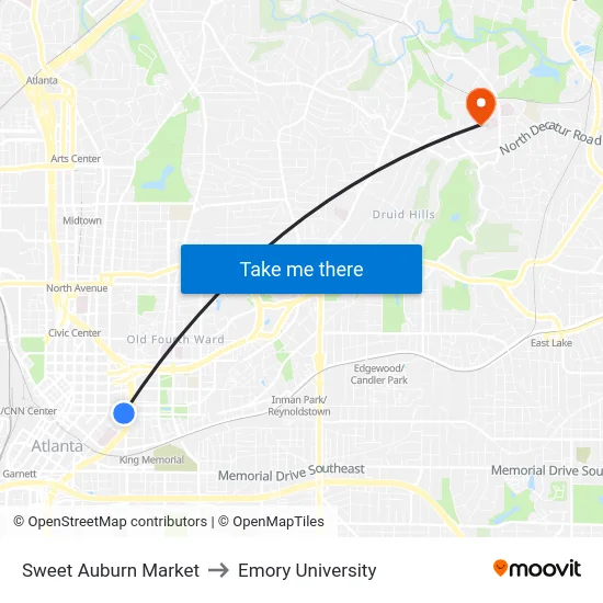 Sweet Auburn Market to Emory University map