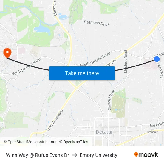 Winn Way @ Rufus Evans Dr to Emory University map