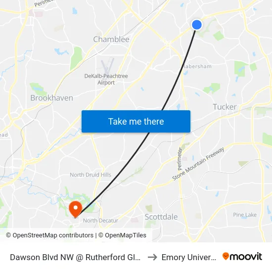 Dawson Blvd NW @ Rutherford Glen Cir to Emory University map
