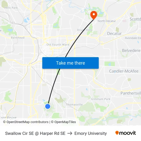 Swallow Cir SE @ Harper Rd SE to Emory University map
