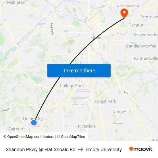 Shannon Pkwy @ Flat Shoals Rd to Emory University map
