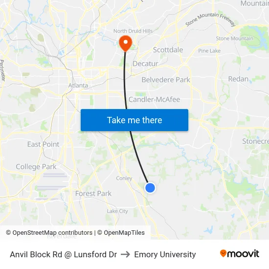 Anvil Block Rd @ Lunsford Dr to Emory University map