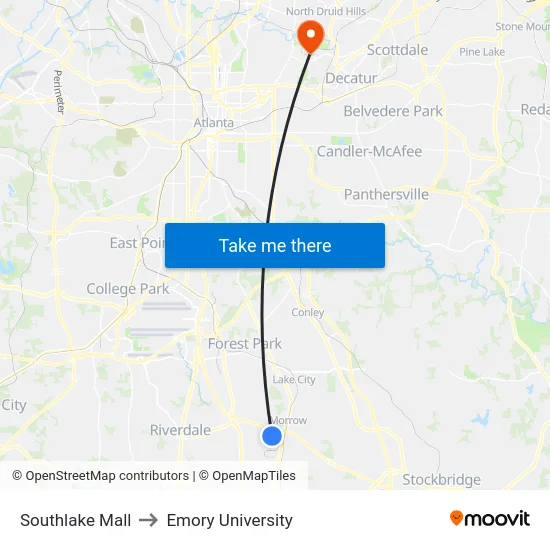 Southlake Mall to Emory University map