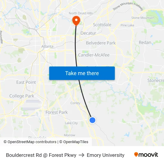 Bouldercrest Rd @ Forest Pkwy to Emory University map