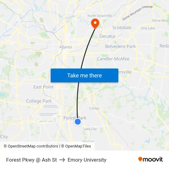 Forest Pkwy @ Ash St to Emory University map