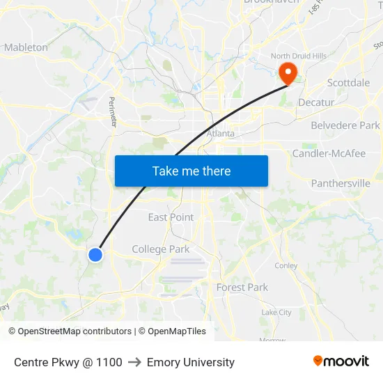 Centre Pkwy @ 1100 to Emory University map