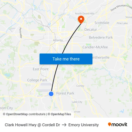 Clark Howell Hwy @ Cordell Dr to Emory University map