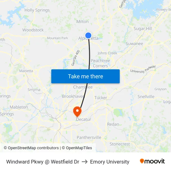 Windward Pkwy @ Westfield Dr to Emory University map